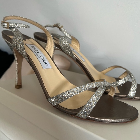 Jimmy Choo India champagne glitter fabric heels 39.5 - Picture 1 of 12